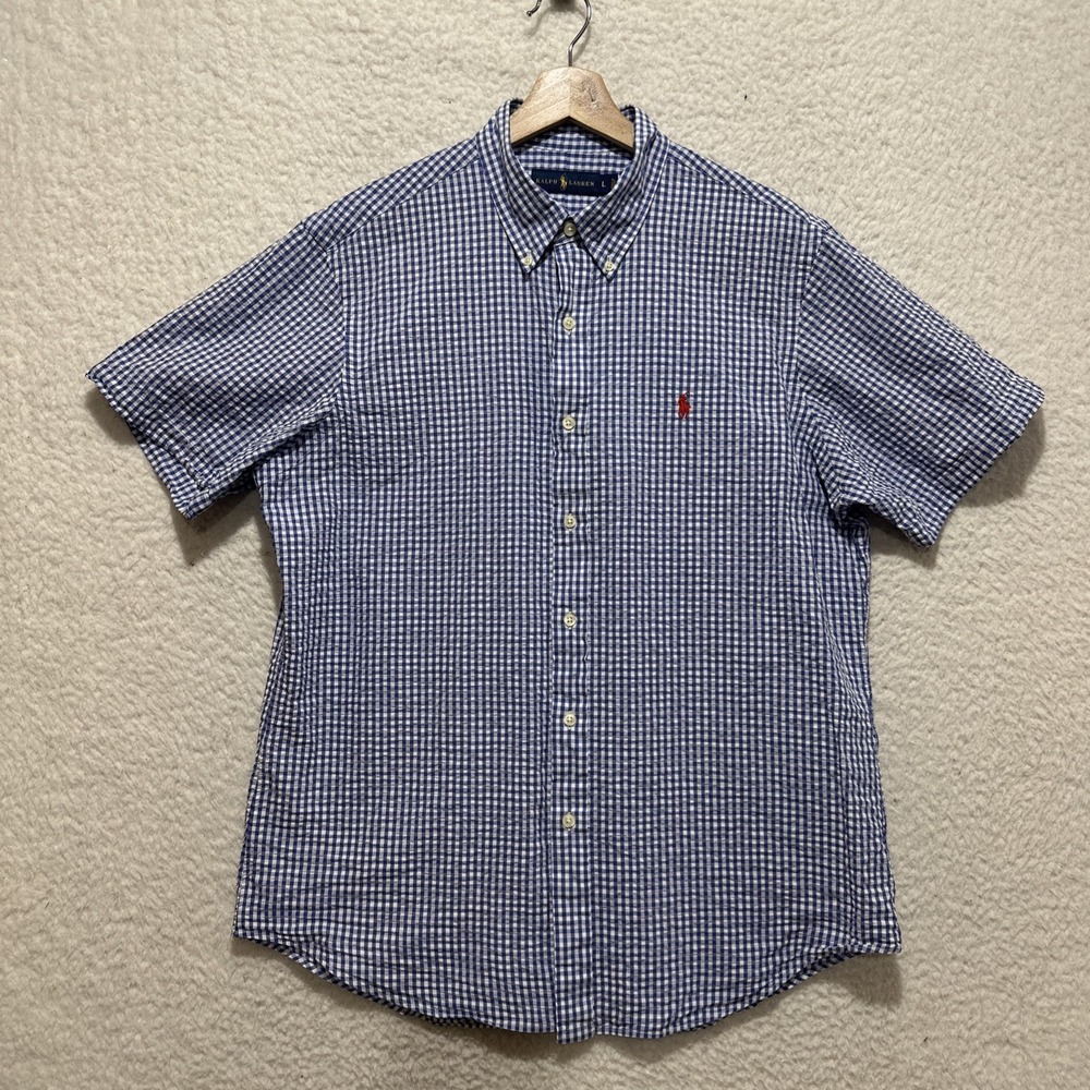 Ralph Lauren Button Down Gingham Shirt Sz L Blue White Short Sleeve Seersucker